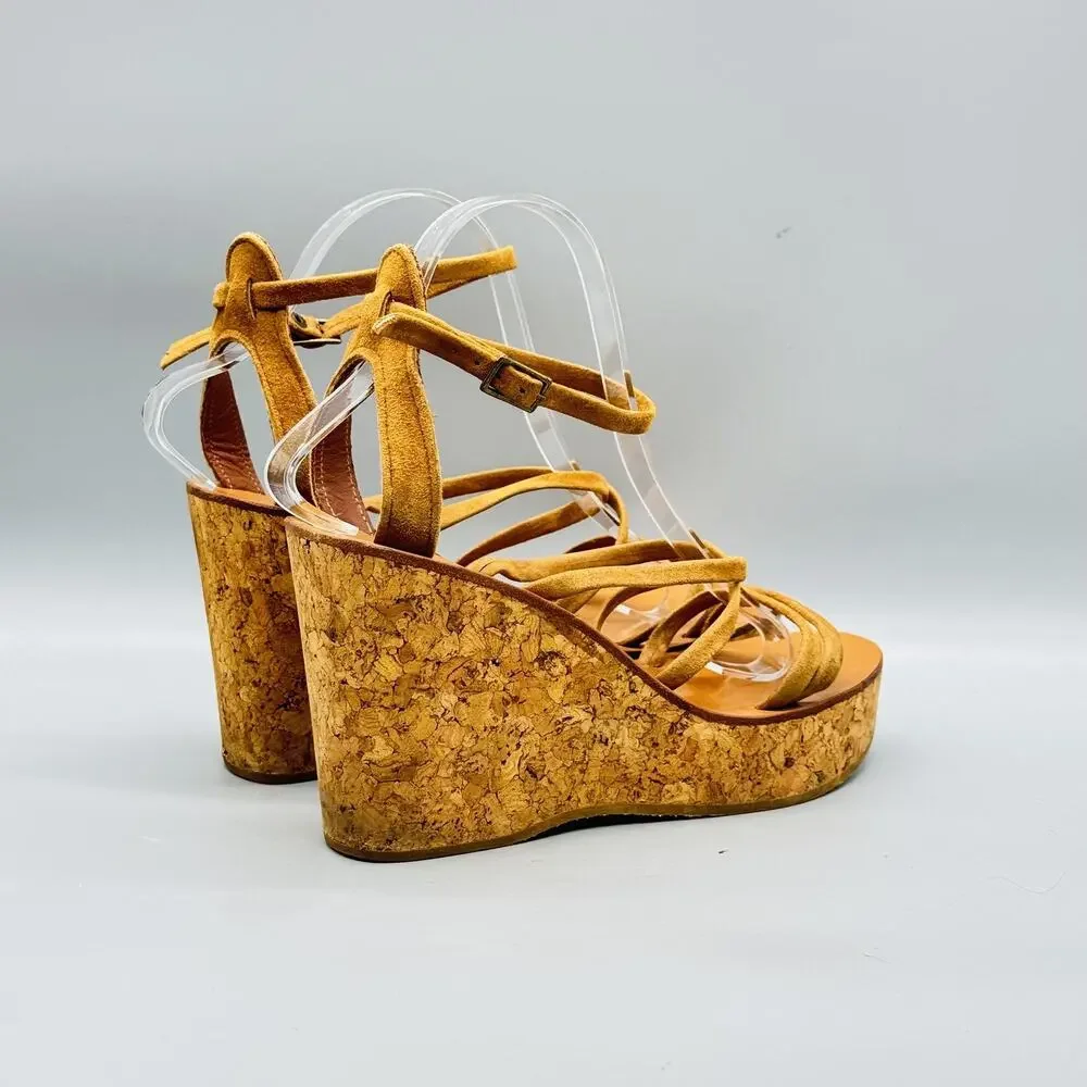 K Jacques Sandals Womens 8 Brown Suede Saint Tropez Cork Platform Wedge Shoes